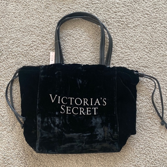 **Victoria's Secret** Luxe Velvet Black Bling Logo Tote Weekender Bag. - Picture 1 of 7